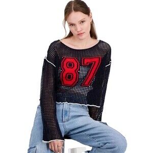 Planet Heart Junior Long‑Sleeve Netting Novelty Sweater Navy Blue XS NWT 87